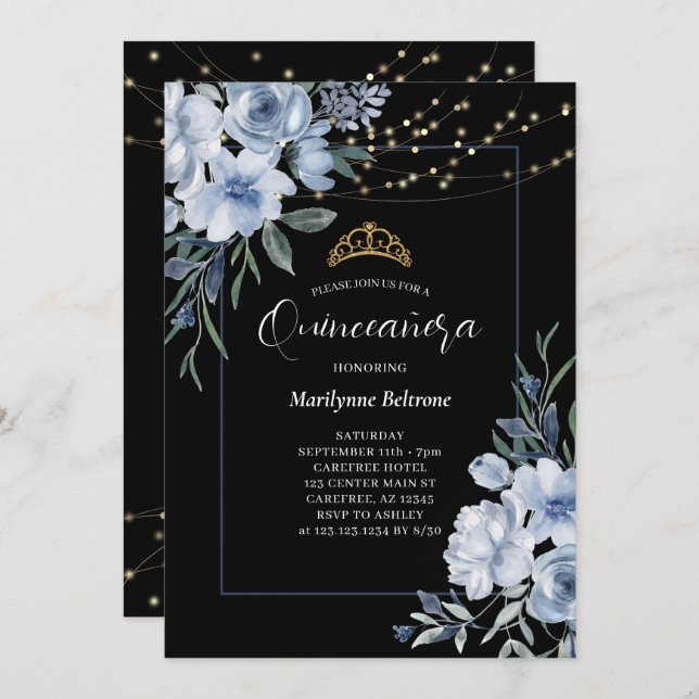 Dusty Blue Floral Black Quinceañera Einladung (Vorne/Hinten)