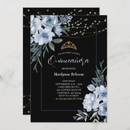 Dusty Blue Floral Black Quinceañera Einladung