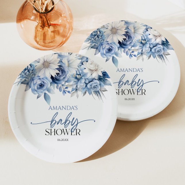 Dusty Blue Floral Blume Babydusche Pappteller (Von Creator hochgeladen)