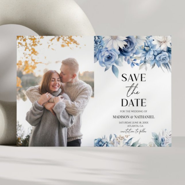 Dusty Blue Floral Blume Custom Picture Wedding Save The Date (Von Creator hochgeladen)