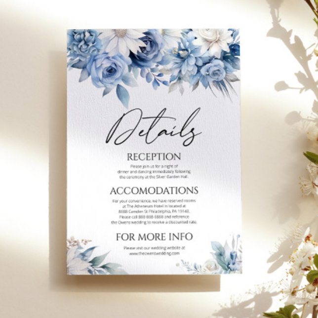 Dusty Blue Floral Blume Garden Wedding Details Begleitkarte (Von Creator hochgeladen)