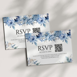 Dusty Blue Floral Blume Garden Wedding QR Code RSVP Karte