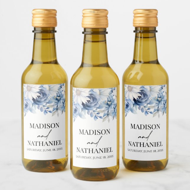 Dusty Blue Floral Blume Garden Wedding Weinetikett (Flaschen)