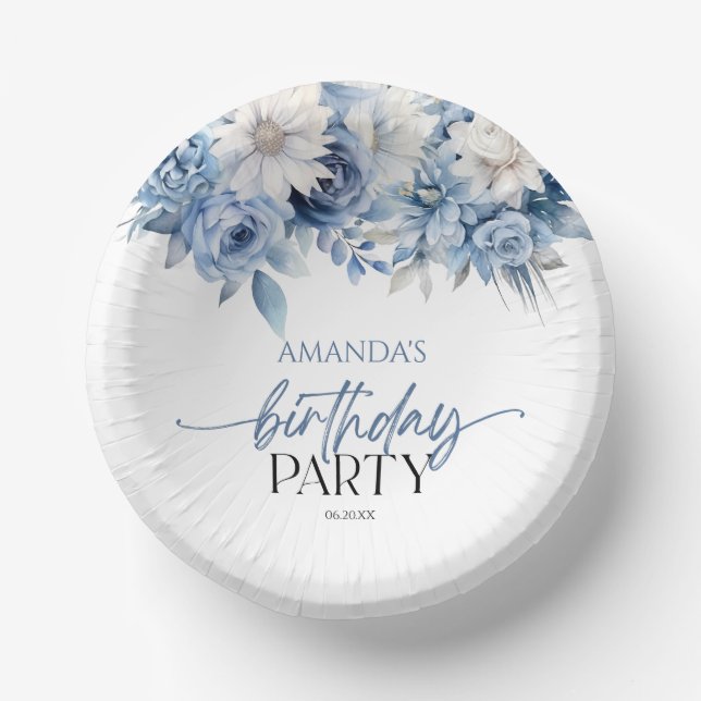 Dusty Blue Floral Blume Geburtstagsparty Pappteller (Vorderseite)