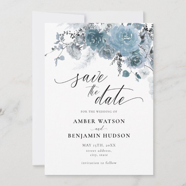Dusty Blue Floral Bohemisch Wedding Save the Date Einladung (Vorderseite)