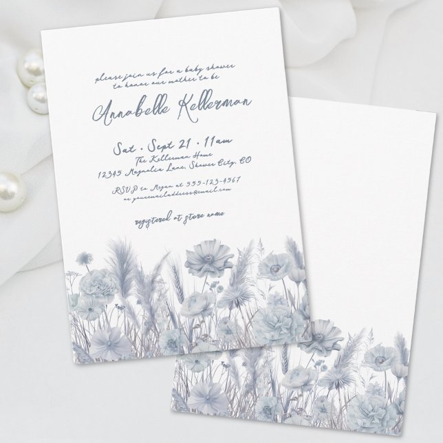 Dusty Blue Floral Boho Baby Dusche Einladung (Dusty Blue Pampas Floral Boho Baby Shower Invitation)
