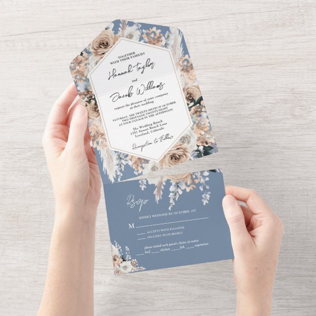 Dusty Blue Floral Boho Hochzeit mit UAWG All In One Einladung (Abreißen)