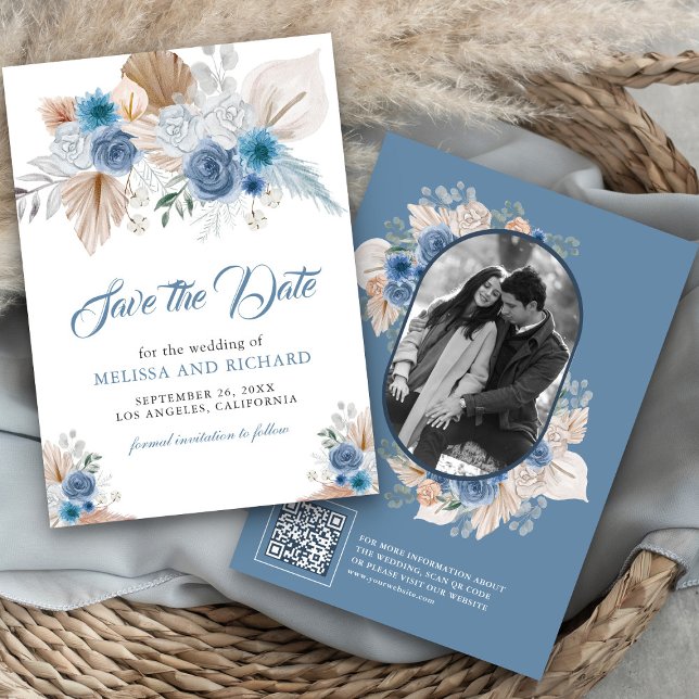 Dusty Blue Floral Boho Pampas Foto QR Code Save The Date (Von Creator hochgeladen)