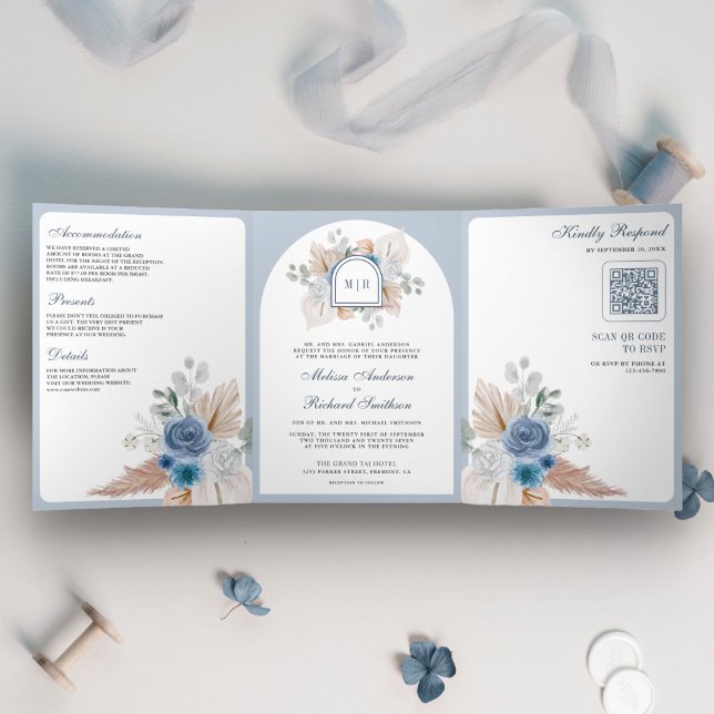 Dusty Blue Floral Boho Pampas QR Code Wedding Dreifach Gefaltete Einladung (Von Creator hochgeladen)