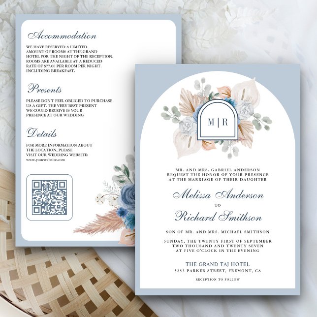 Dusty Blue Floral Boho Pampas QR Code Wedding Einladung (Von Creator hochgeladen)