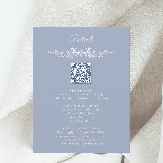 Dusty Blue Floral Border QR Code Hochzeitdetails Begleitkarte (Von Creator hochgeladen)