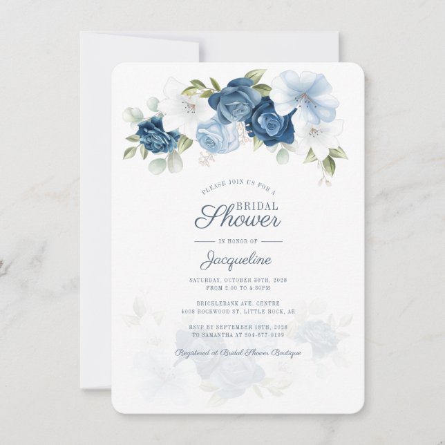 Dusty Blue Floral Botanical Brautparty Einladung (Vorderseite)