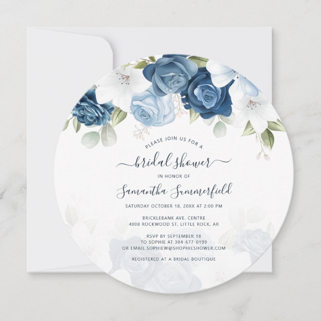 Dusty Blue Floral Botanical Brautparty Einladung (Vorderseite)