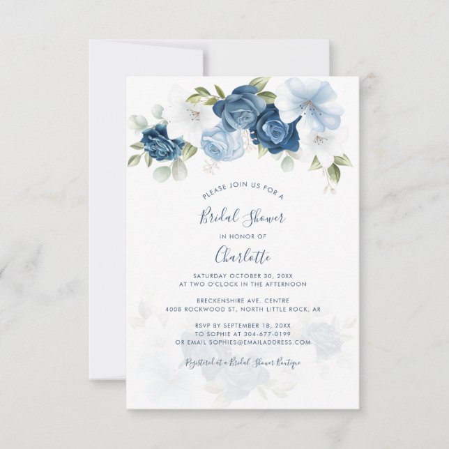 Dusty Blue Floral Botanical Brautparty Mitteilungskarte (Vorderseite)