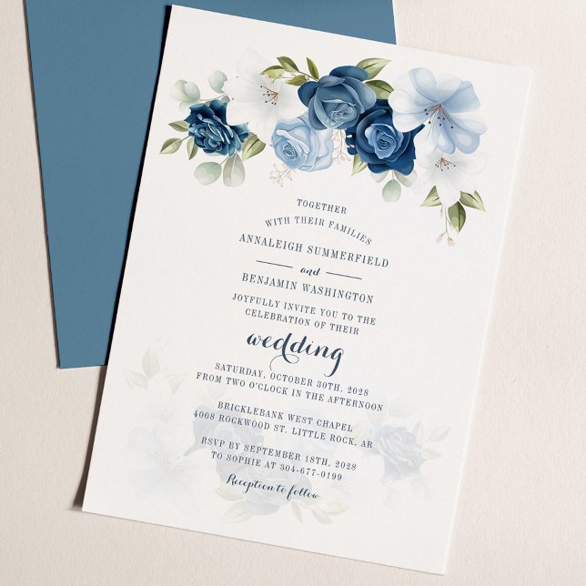 Dusty Blue Floral Botanical Greenerity Wedding (Dusty Blue Floral Elegant Script Wedding Invitation)
