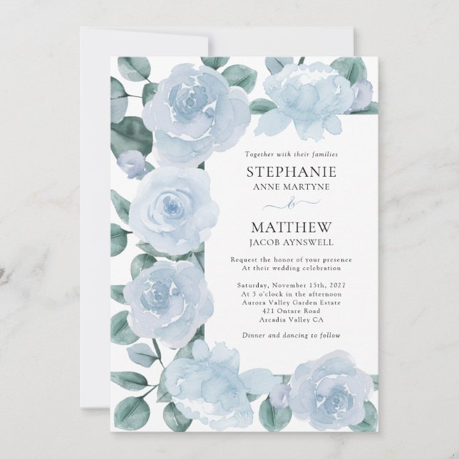 Dusty Blue Floral Botanical Rose Hochzeit Einladung (Vorderseite)