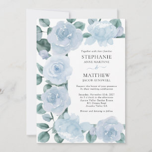 Dusty Blue Floral Botanical Rose Hochzeit Einladung
