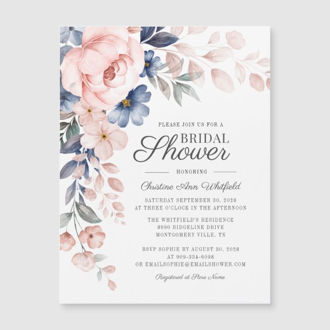 Dusty Blue Floral Botanical Script Brautparty Magnetkarte (Vorderseite)