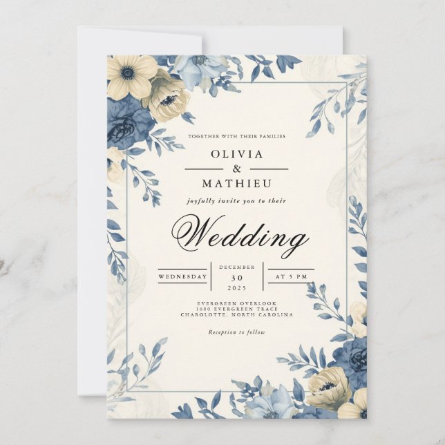 Dusty Blue Floral Botanical Wedding Einladung (Vorderseite)