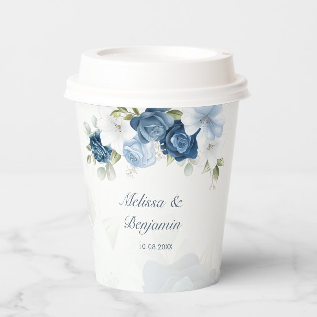 Dusty Blue Floral Botanical Wedding Pappbecher (Vorderseite)