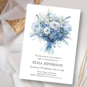 Dusty Blue Floral Bouquet Birthday Einladung
