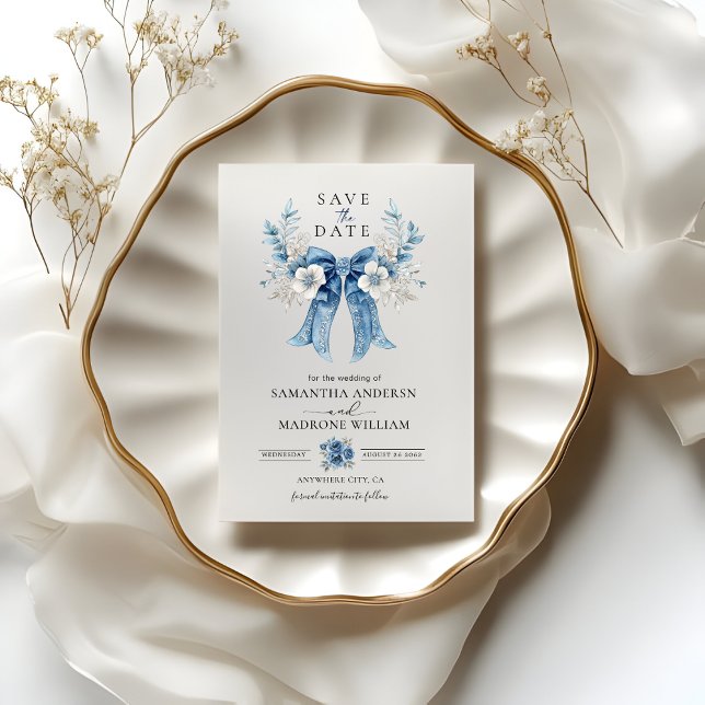 Dusty Blue Floral Bow Save the Date Wedding Card (Von Creator hochgeladen)