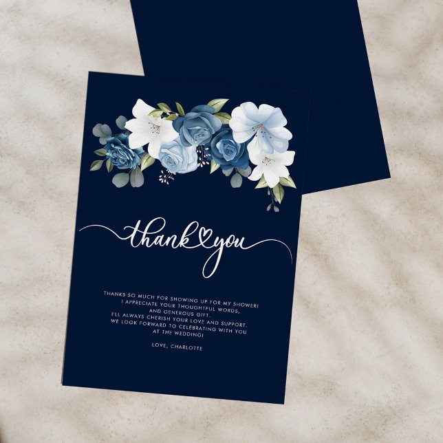 Dusty Blue Floral Brautparty Dankeskarte (Dusty Blue Floral Script Bridal Shower Thank You Card)
