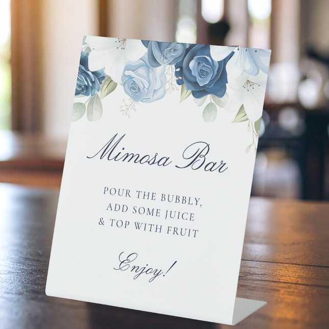Dusty Blue Floral Brautparty Mimosa Bar Sockelschild (Dusty Blue Floral Bridal Shower Mimosa Bar Pedestal Sign)
