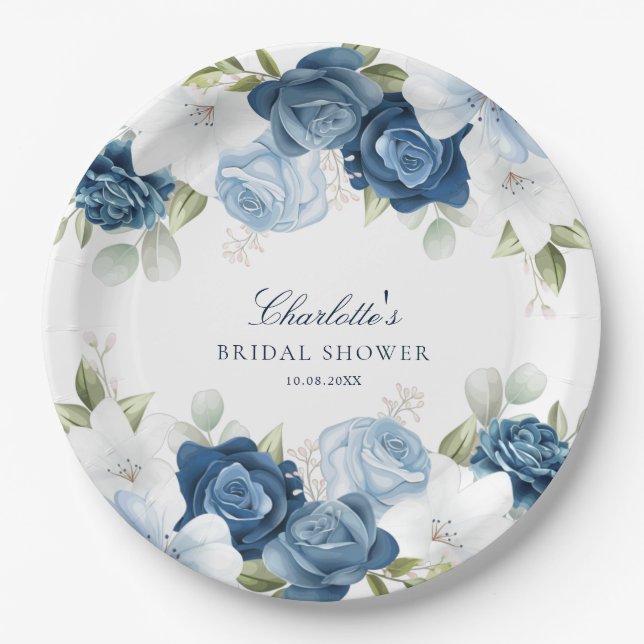 Dusty Blue Floral Brautparty Pappteller (Vorderseite)