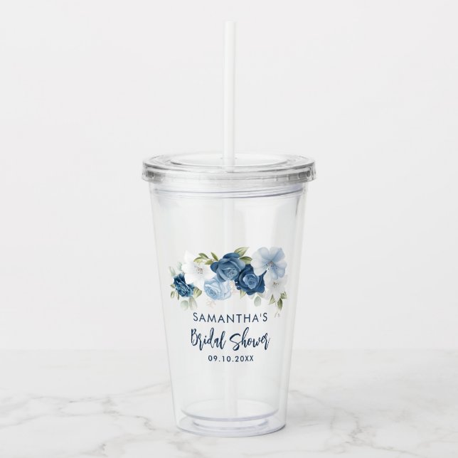 Dusty Blue Floral Brautparty Personalisiert Acryltrinkbecher (Vorderseite)