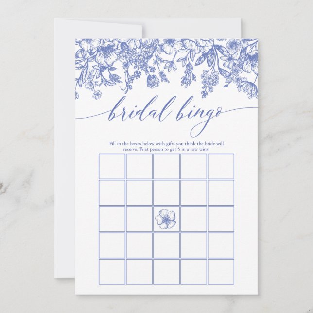 Dusty Blue Floral Bridal Bingo Brautparty Game Einladung (Vorderseite)