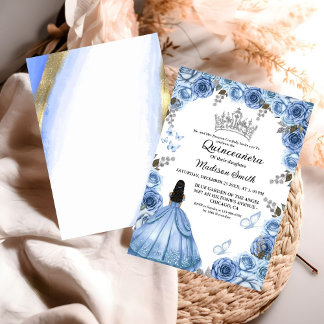 Dusty Blue Floral Butterfly Girl Quinceanera Einladung