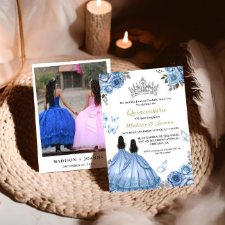 Dusty Blue Floral Butterfly Twin Girl Quinceanera Einladung