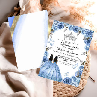 Dusty Blue Floral Butterfly Twin Girl Quinceanera Einladung
