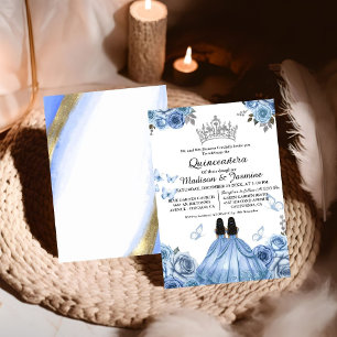 Dusty Blue Floral Butterfly Twin Quinceanera Einladung