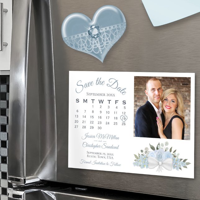 Dusty Blue Floral Calendar Foto Save the Date Magneteinladung (Magnetic for Easy Display!)