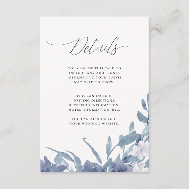 Dusty Blue Floral Calligraphy Wedding Details Begleitkarte (Vorderseite)