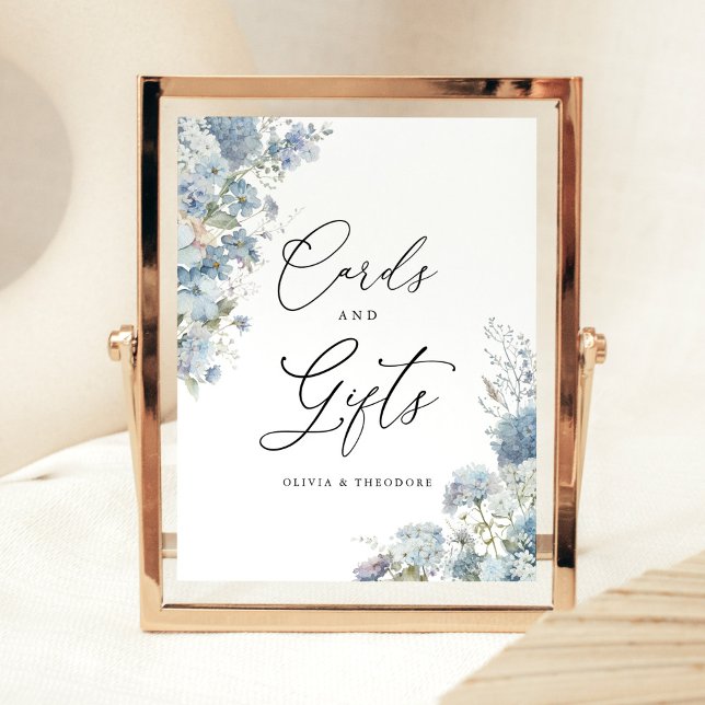 Dusty Blue Floral Cards and Gifts Wedding Table Sockelschild (Dusty blue floral cards & gifts wedding sign, elegant watercolor hydrangea day of wedding table sign)