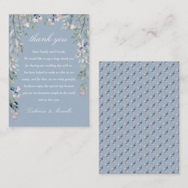 Dusty Blue Floral Cascade Wedding Vielen Dank Platzkarte (Vorne/Hinten)
