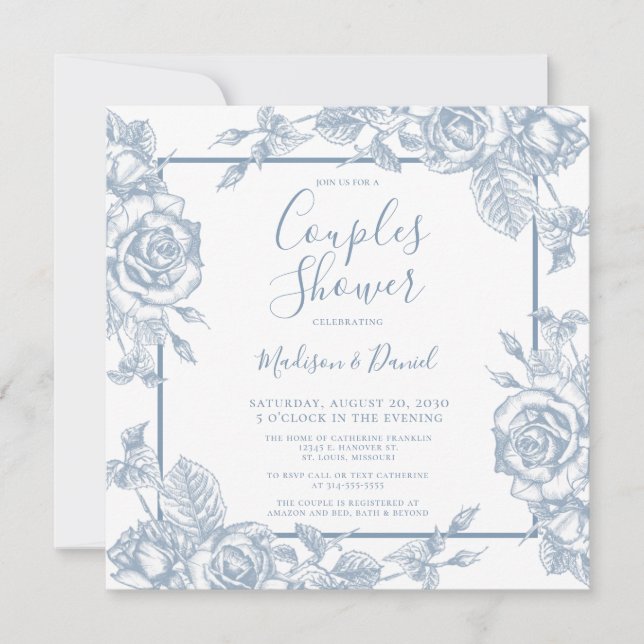 Dusty Blue Floral Couples Dusche Einladung (Vorderseite)