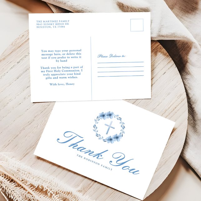 Dusty Blue Floral Cross Christlich Vielen Dank Postkarte (Von Creator hochgeladen)