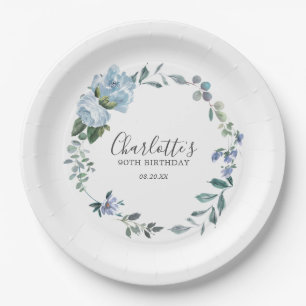 Dusty Blue Floral Custom 90. Geburtstag Custom Pappteller