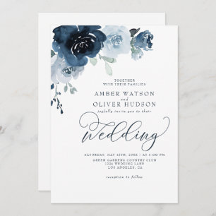 Dusty Blue Floral Dark Navy Pastel Boho Wedding Einladung