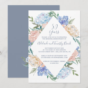 Dusty Blue Floral Diamond 50. Hochzeitstag Einladung