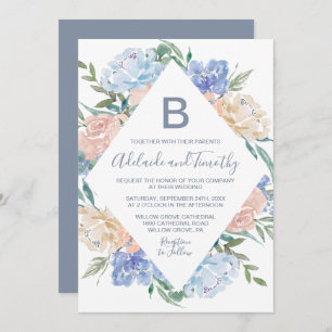 Dusty Blue Floral Diamond Monogram Wedding Einladung
