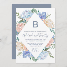Dusty Blue Floral Diamond Monogramm die Hochzeit v Einladung