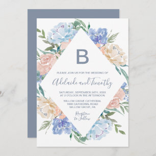 Dusty Blue Floral Diamond Monogramm die Hochzeit v Einladung