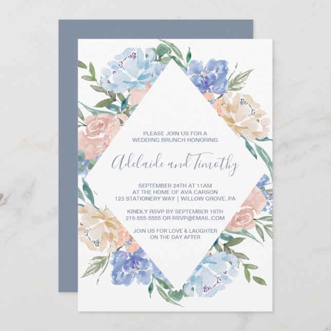 Dusty Blue Floral Diamond Wedding Brunch Einladung (Vorne/Hinten)