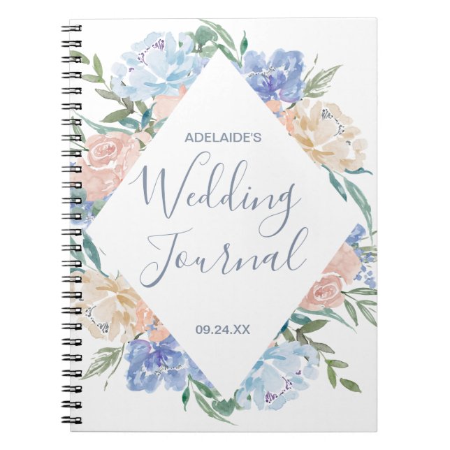 Dusty Blue Floral Diamond Wedding Planner Notizblock (Vorderseite)