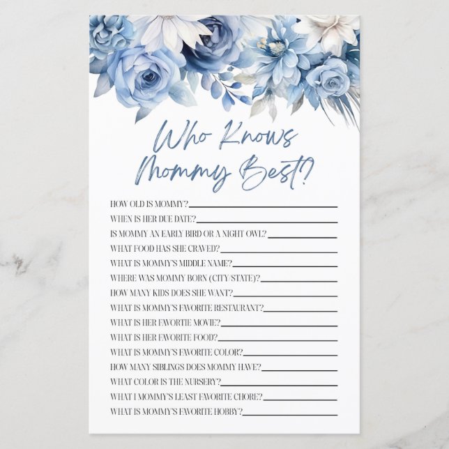 Dusty Blue Floral, die Mommy Baby Shower Game kenn (Vorderseite)
